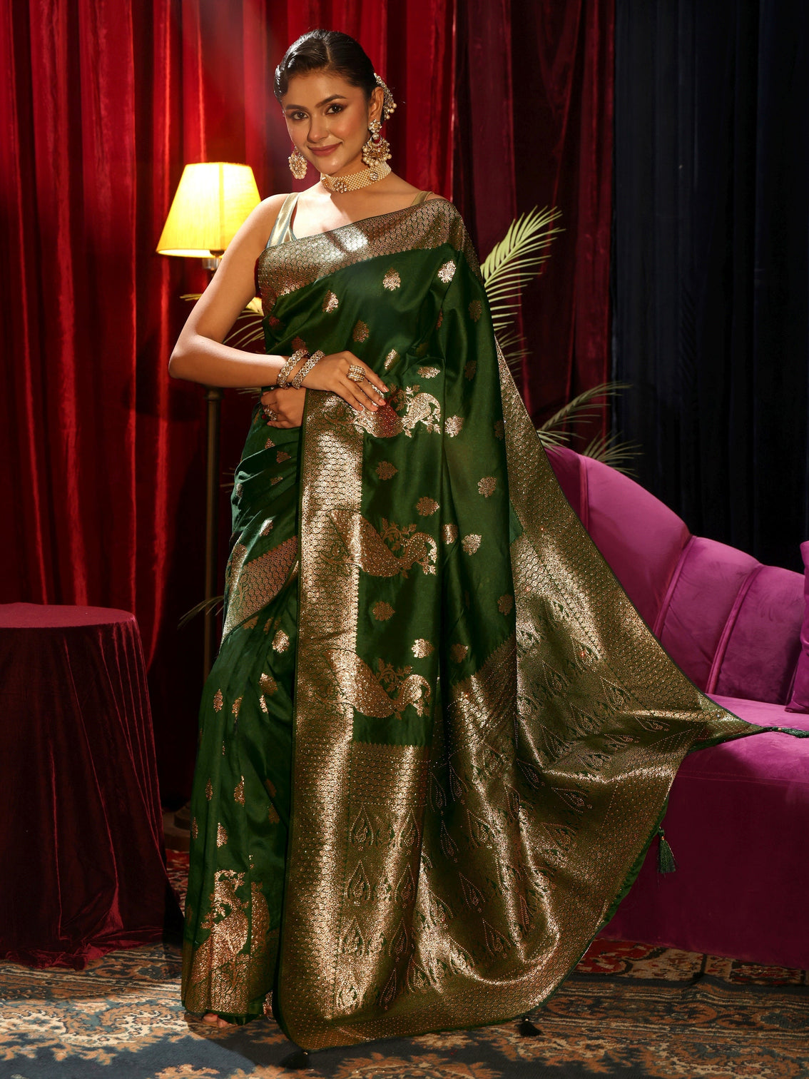 Mameraa Emerald Green Peacock Woven Design Silk Blend Saree