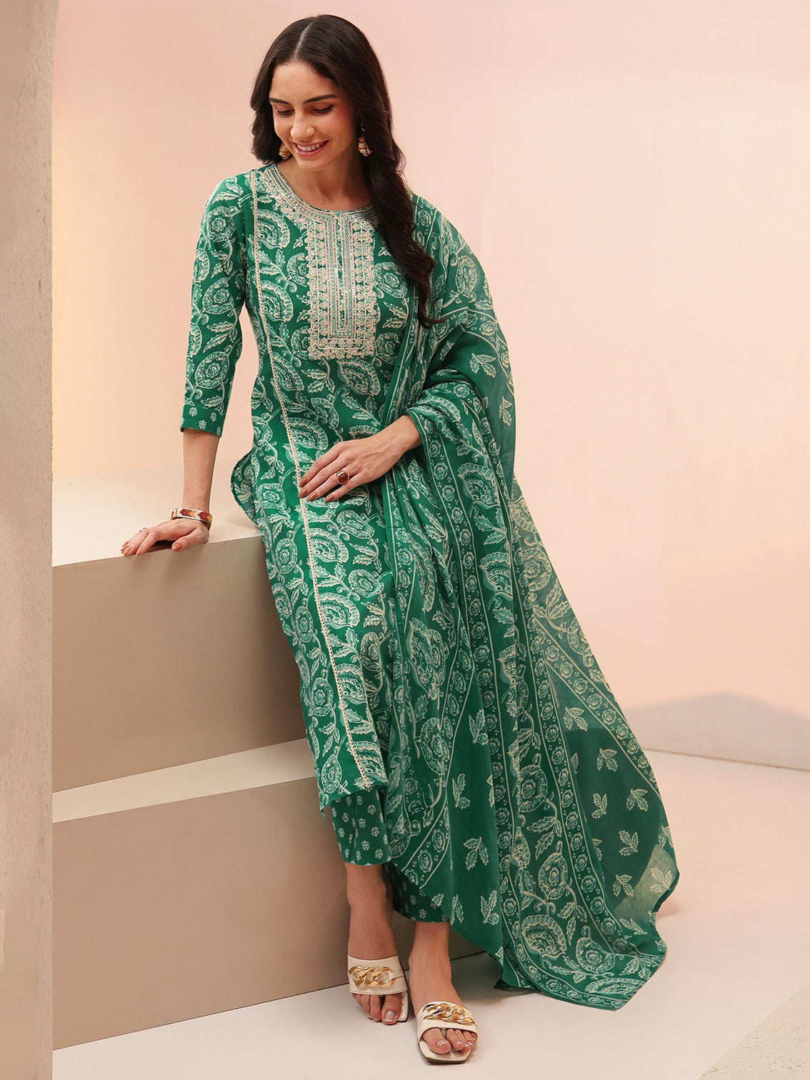 Mameraa Emerald Green Printed Cotton Straight Suit Set