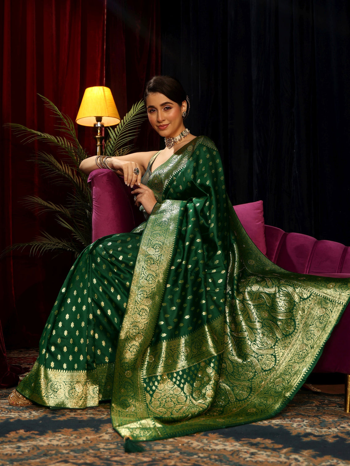 Mameraa Emerald Green Silk Blend Banarasi Saree