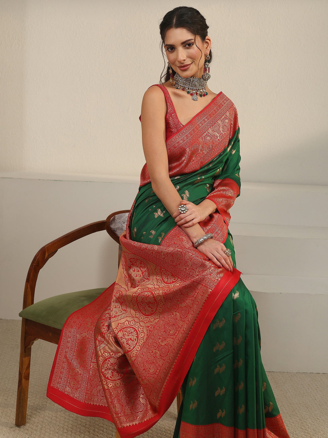 Mameraa Emerald Green and Red Peacock Woven Design Silk Blend Saree