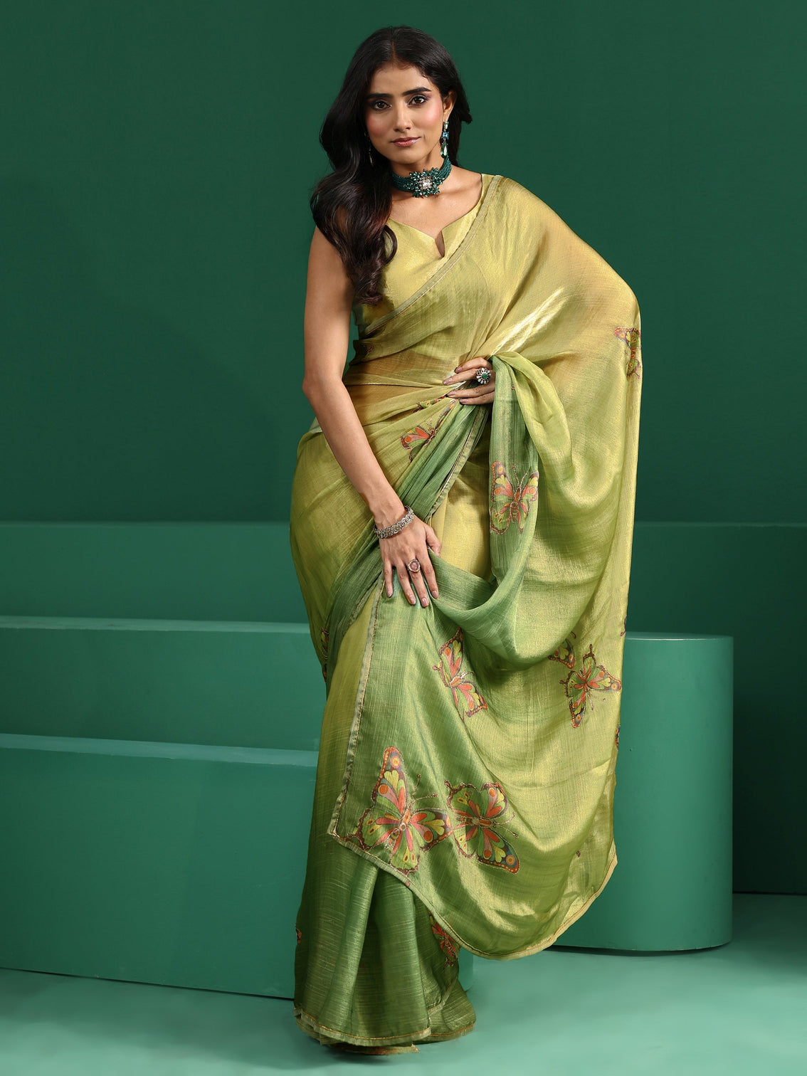 Mameraa Fern Green Butterfly Print Chiffon Saree