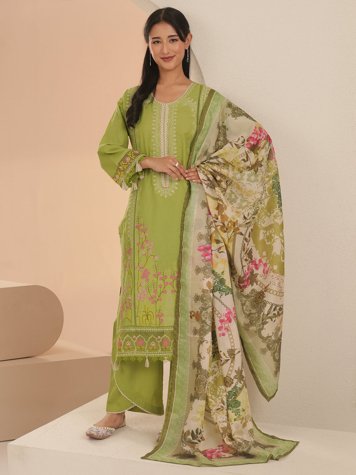 Mameraa Fern Green Floral Embridered Cotton Straight Suit Set
