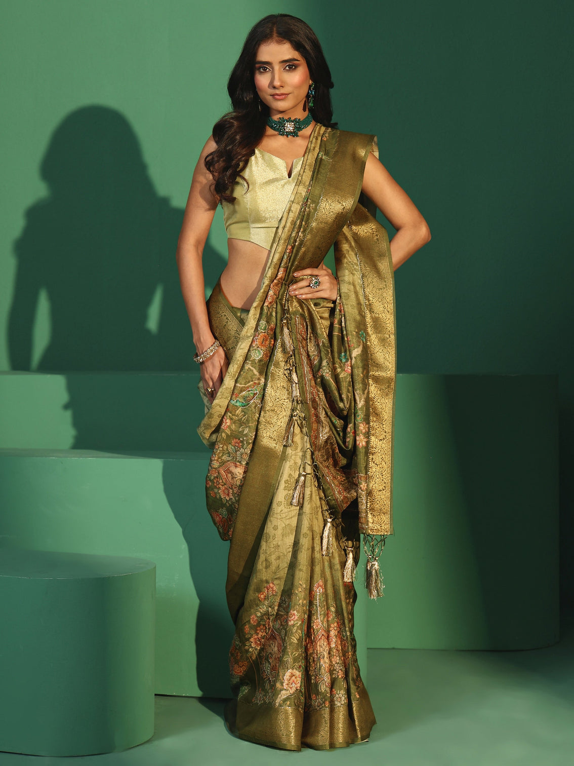 Mameraa Fern Green Floral Printed Silk Blend Saree with Woven Design Border