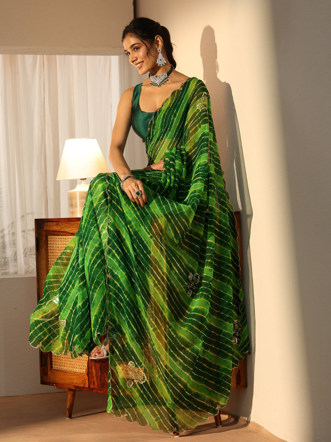 Mameraa Fern Green Leheriya Printed Chiffon Saree