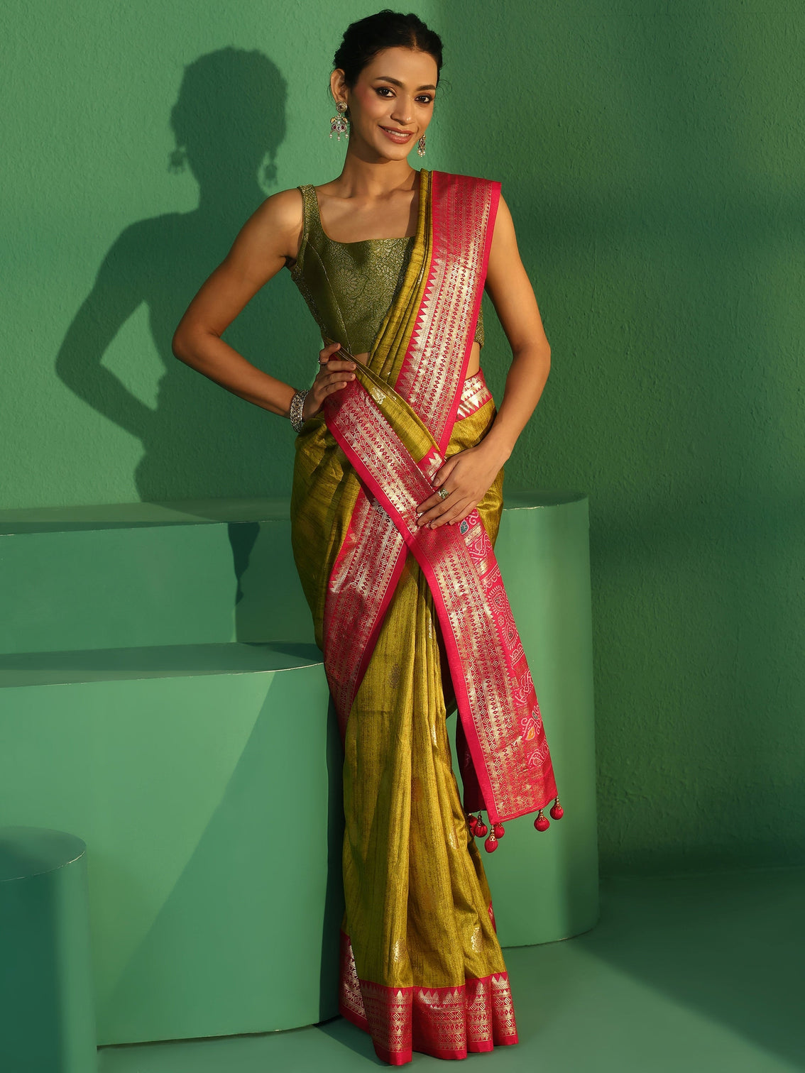 Mameraa Fern Green Printed Silk Blend Saree