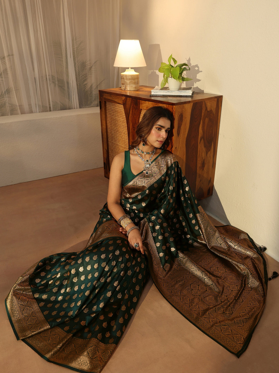 Mameraa Forest Green Banarasi Silk Blend Saree