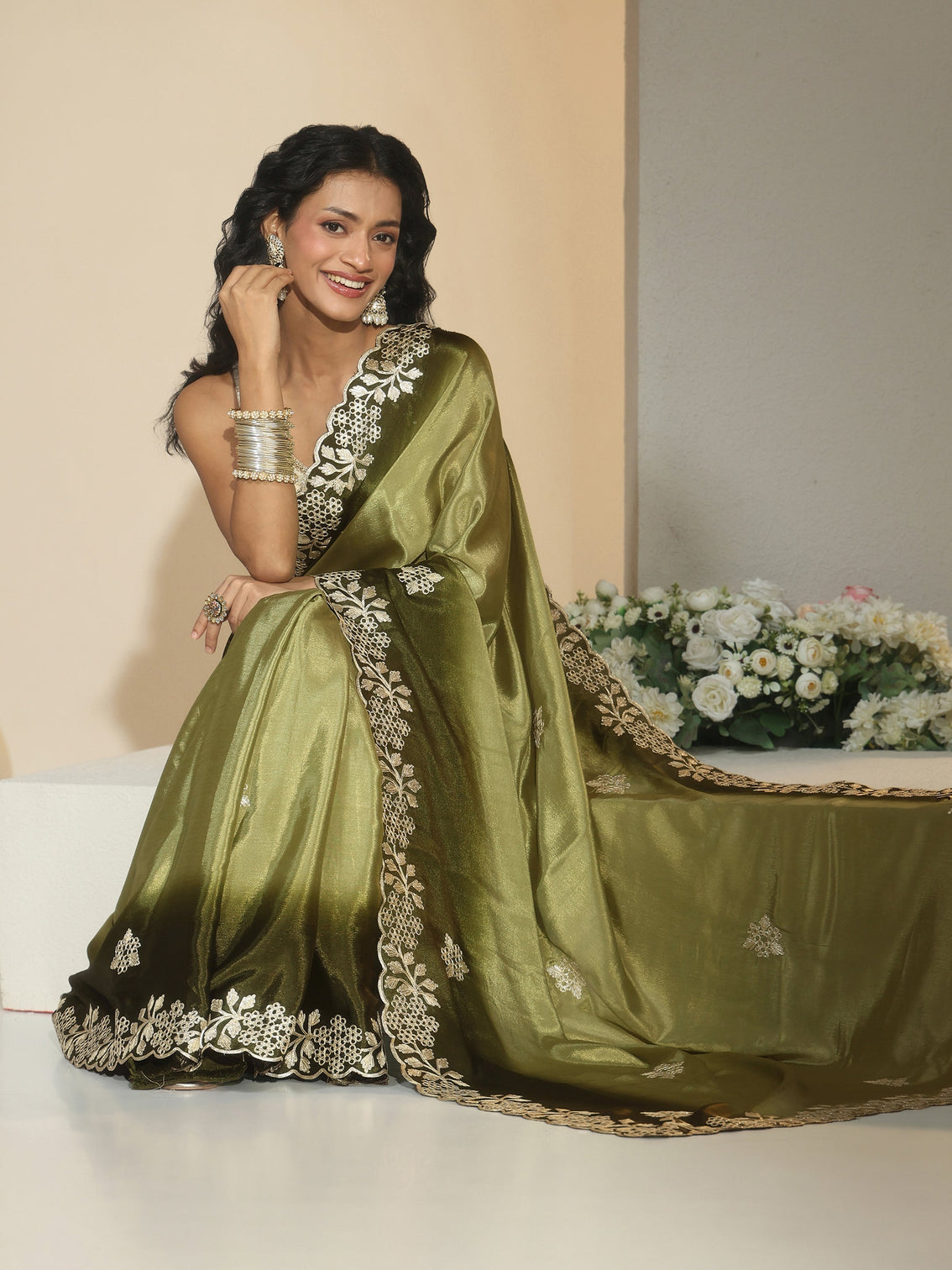Mameraa Forest Green Floral Embroidered Ombre Silk Blend Saree