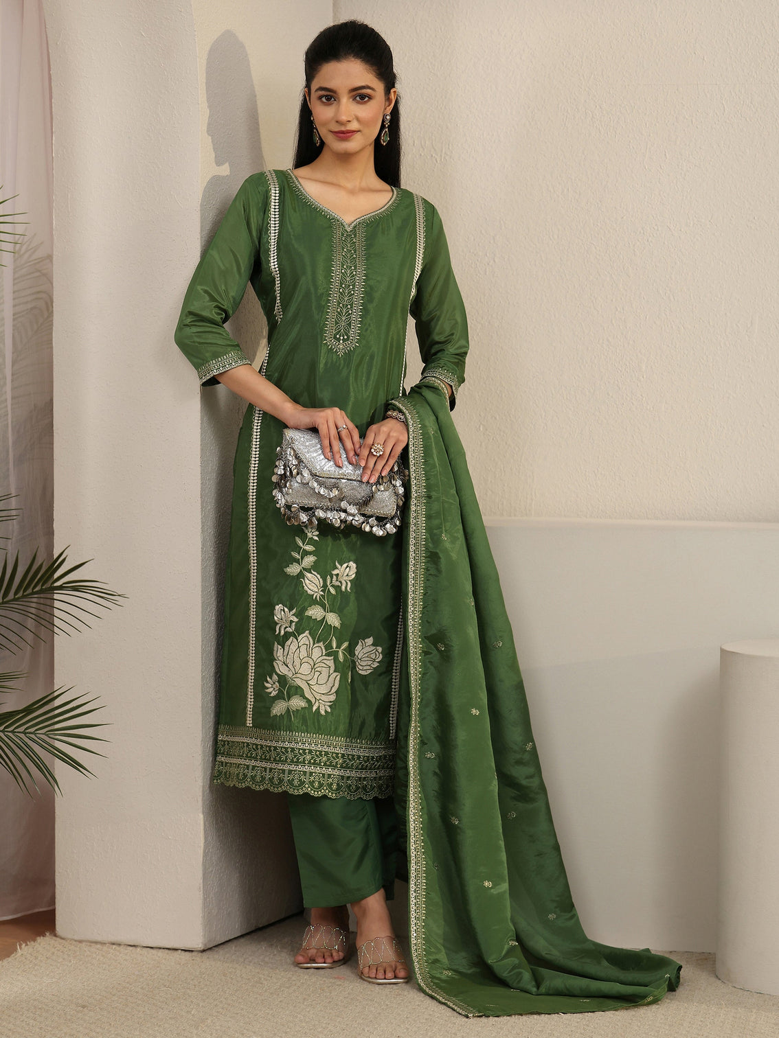 Mameraa Forest Green Floral Embroidered Organza Straight Suit Set