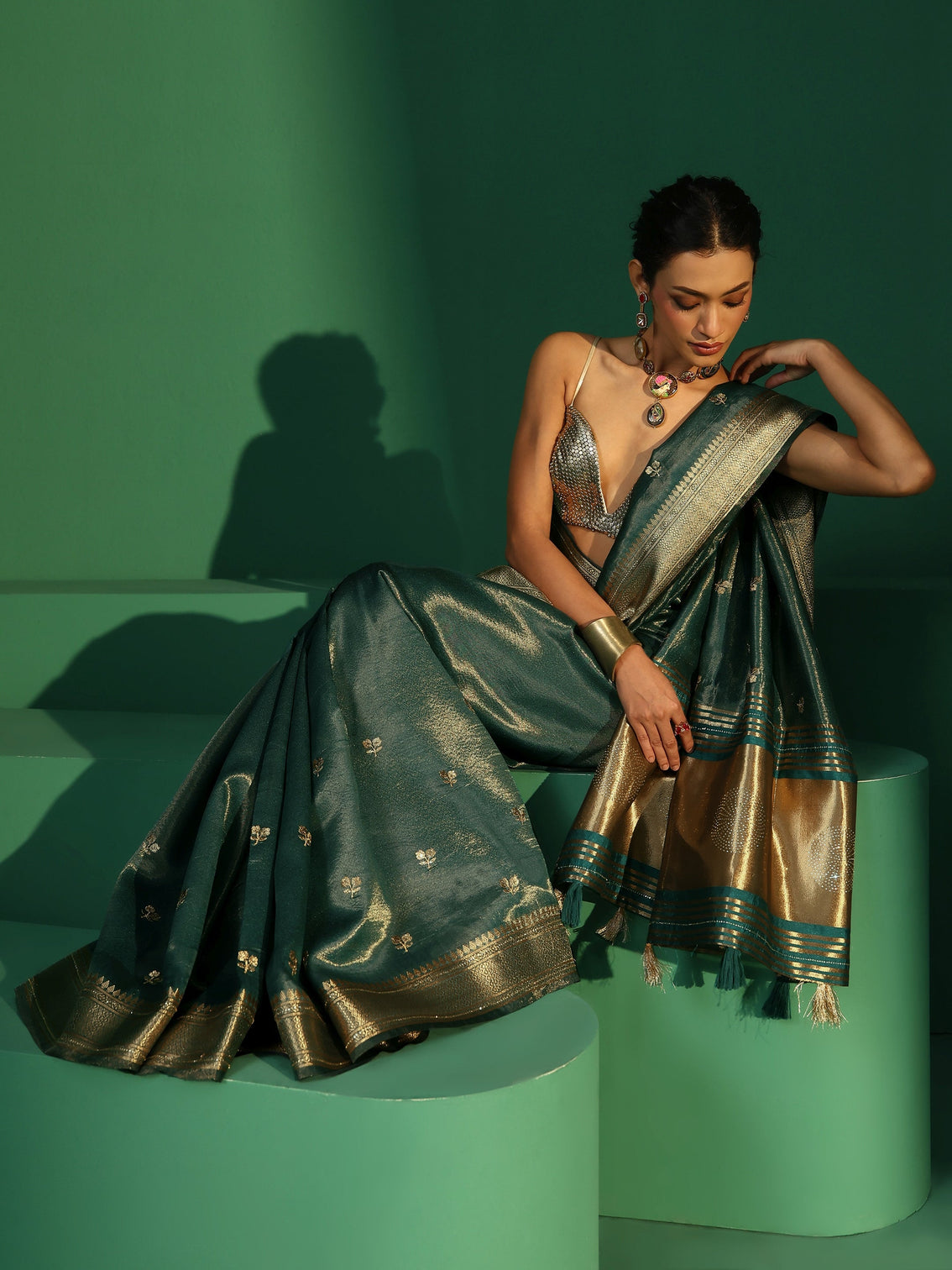 Mameraa Forest Green Floral Embroidered Tissue Saree
