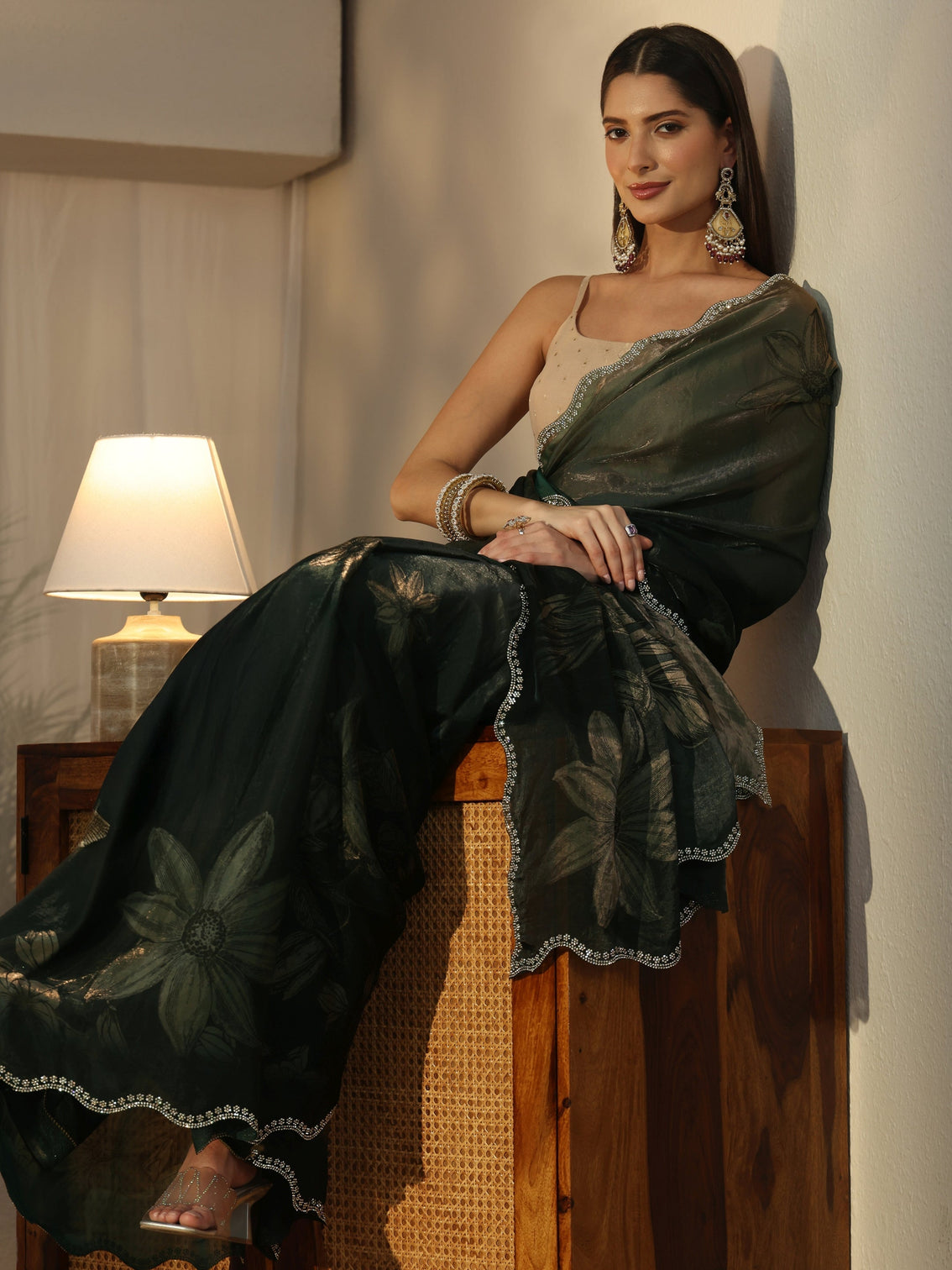 Mameraa Forest Green Floral Printed Tissue Saree with Embellished Border