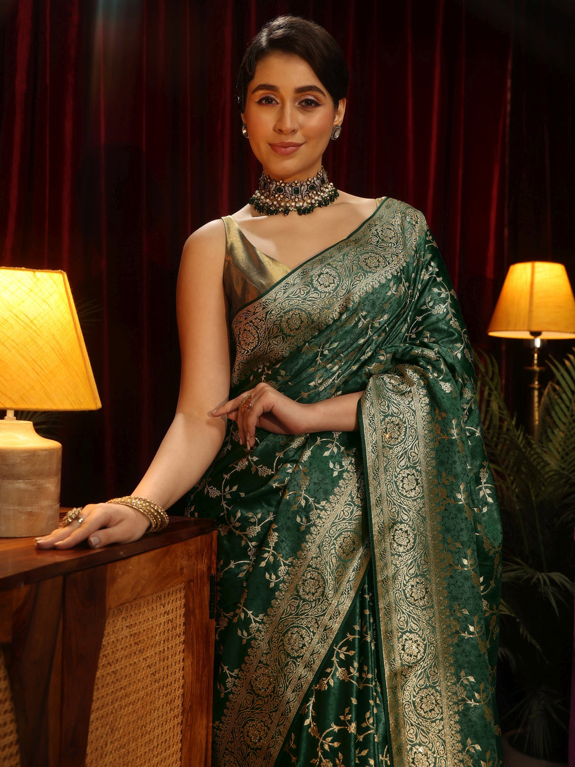 Mameraa Forest Green Floral Woven Design Embellished Satin Saree
