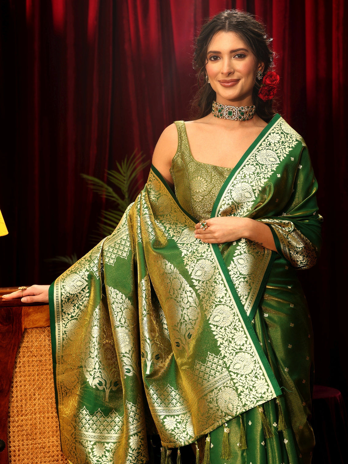 Mameraa Forest Green Floral Woven Design Satin Saree