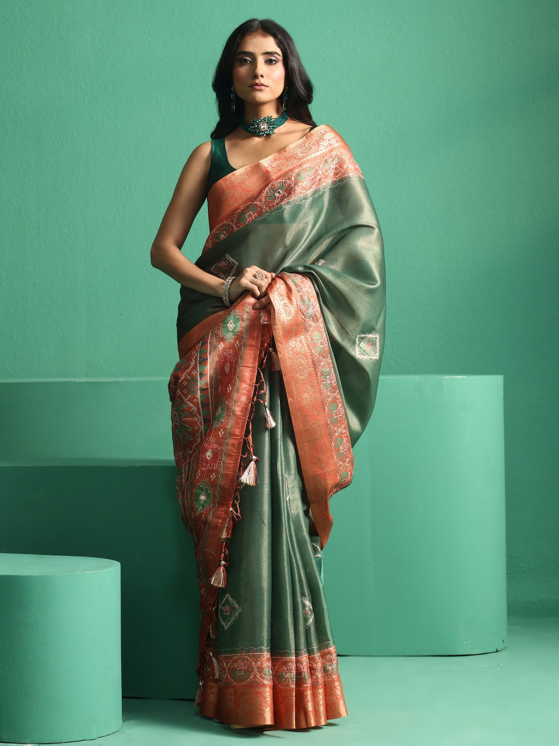 Mameraa Forest Green Silk Blend Saree with Patola Border