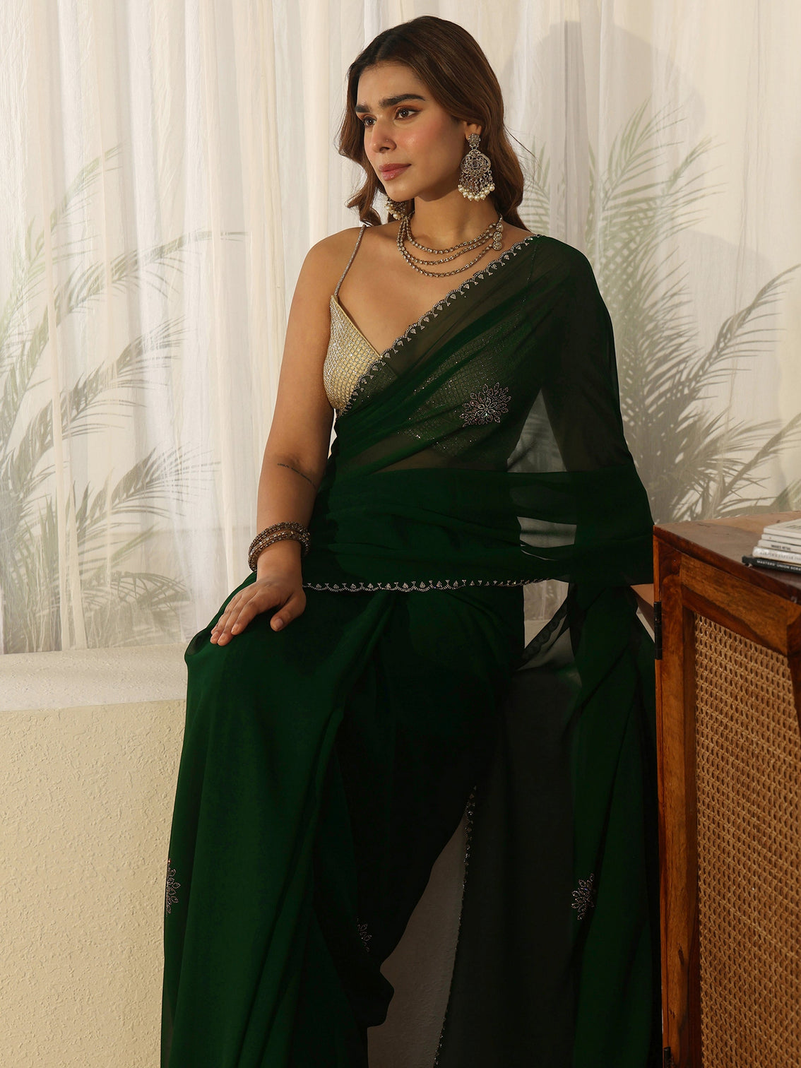 Mameraa Forest Green Stone Embellished Georgette Saree
