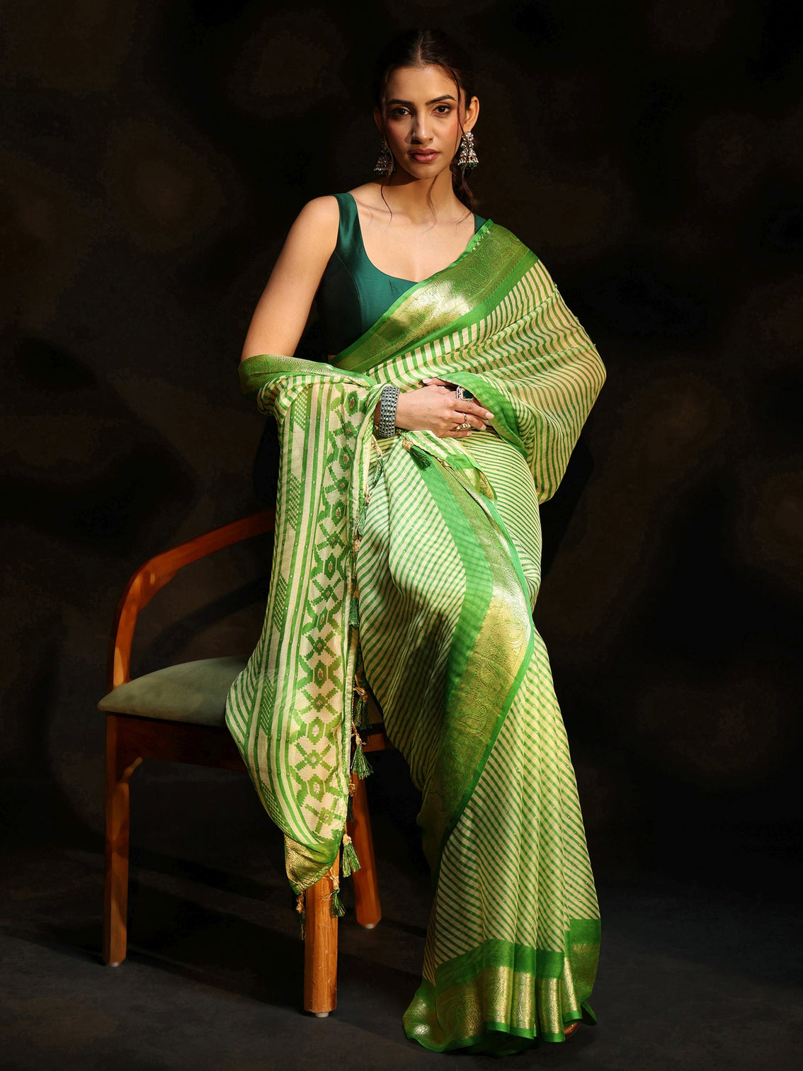 Mameraa Forest Green Striped Chiffon Saree with Paisley Border