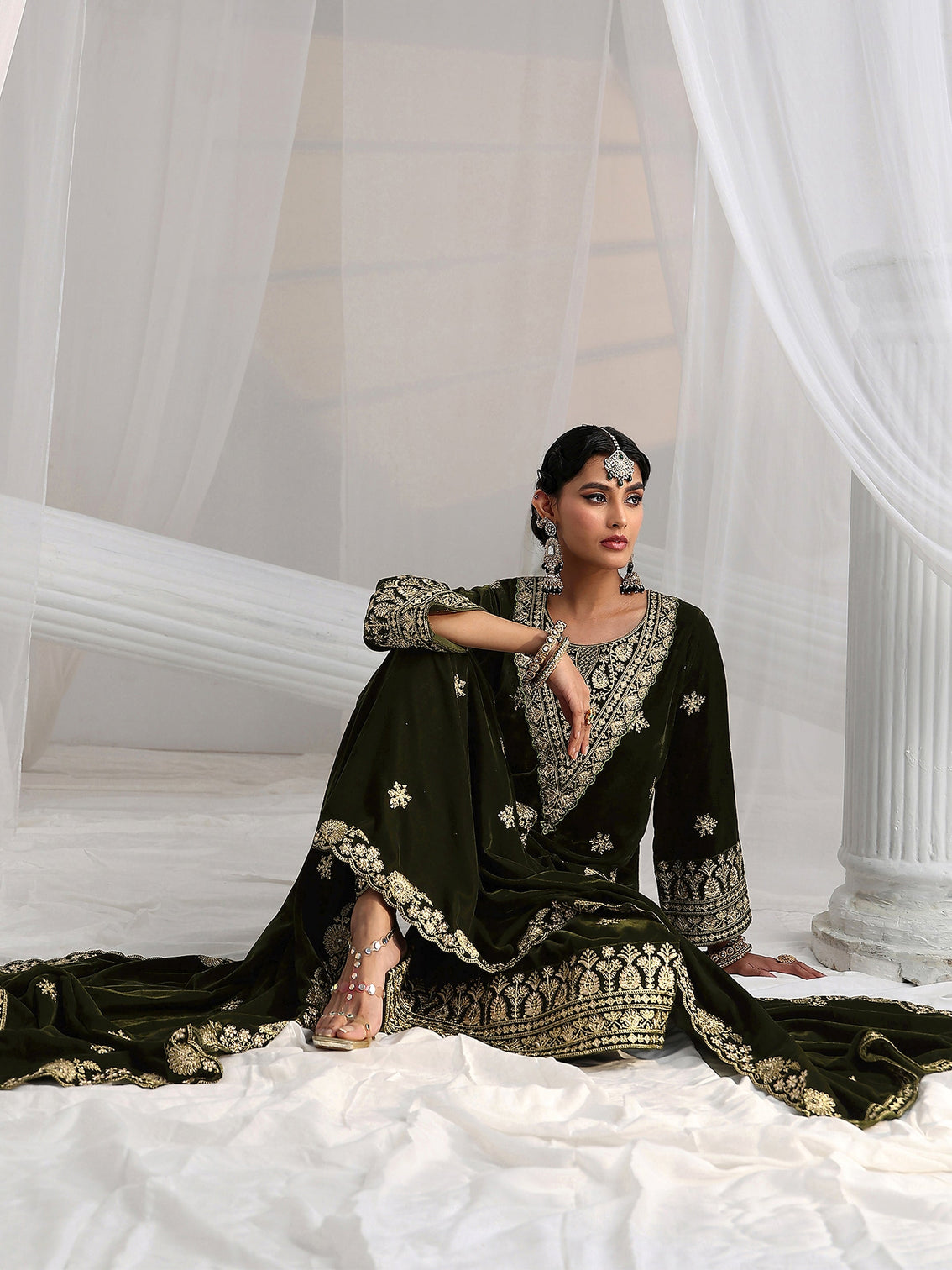 Mameraa Forest Green Yoke Design Velvet Straight Suit Set