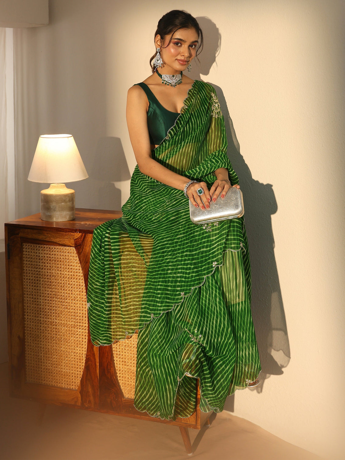 Mameraa Forrest Green Leheriya Printed Chiffon Saree
