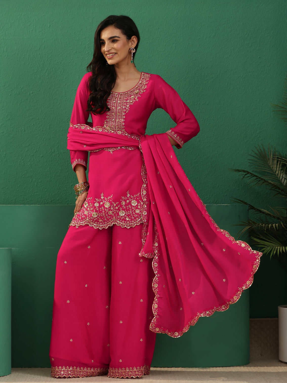 Mameraa Fuchsia Pink Floral Embellished Chinon Palazzo Suit Set