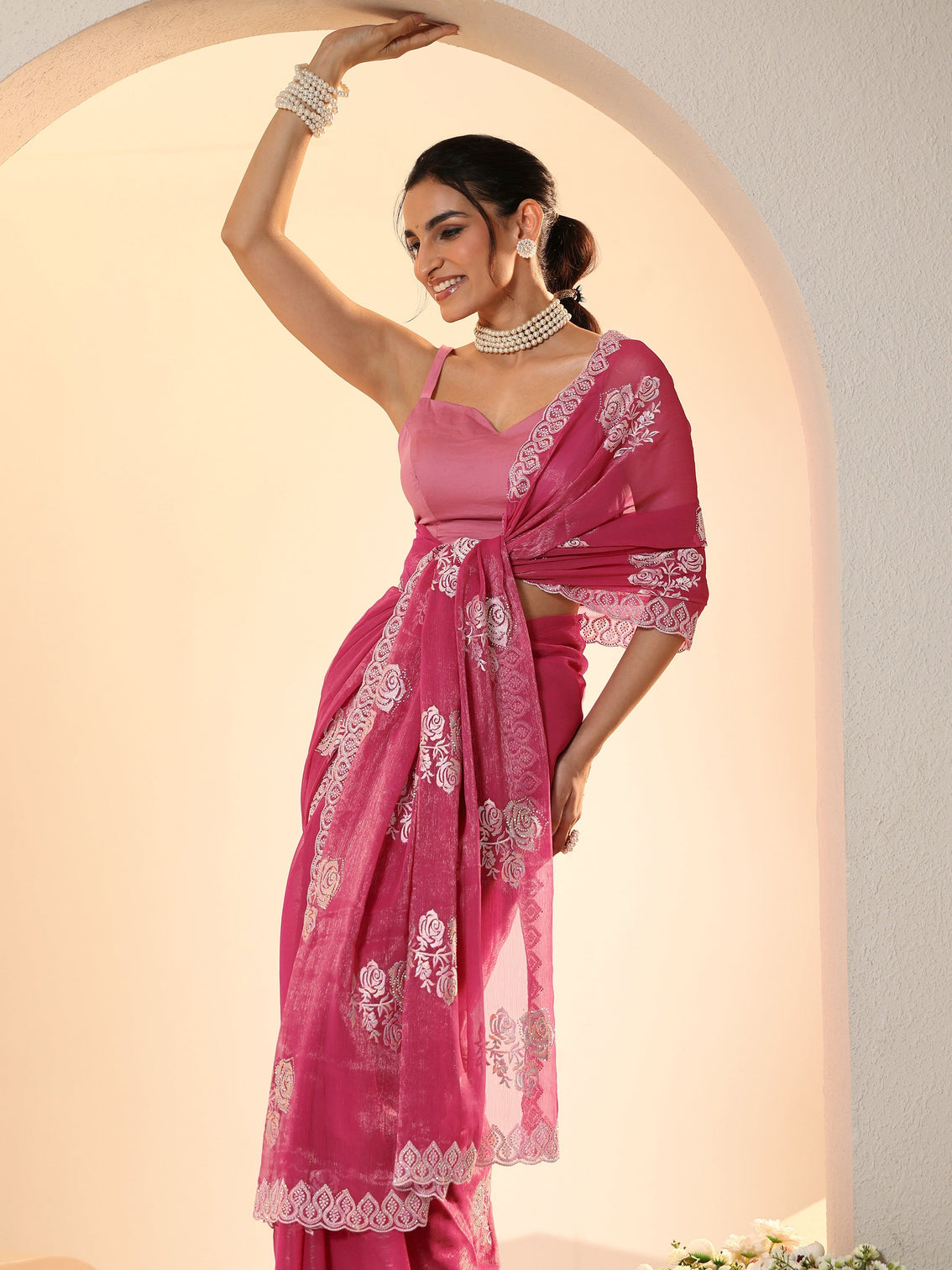 Mameraa Fuchsia Pink Floral Embroidered Chiffon Saree