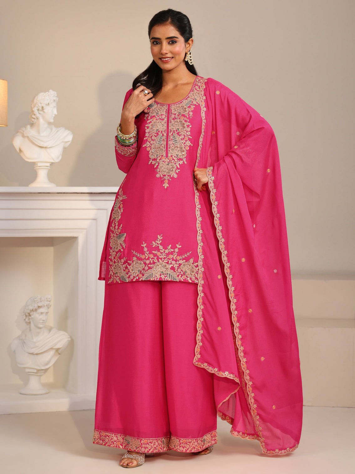 Mameraa Fuchsia Pink Floral Embroidered Chinon Straight Suit Set