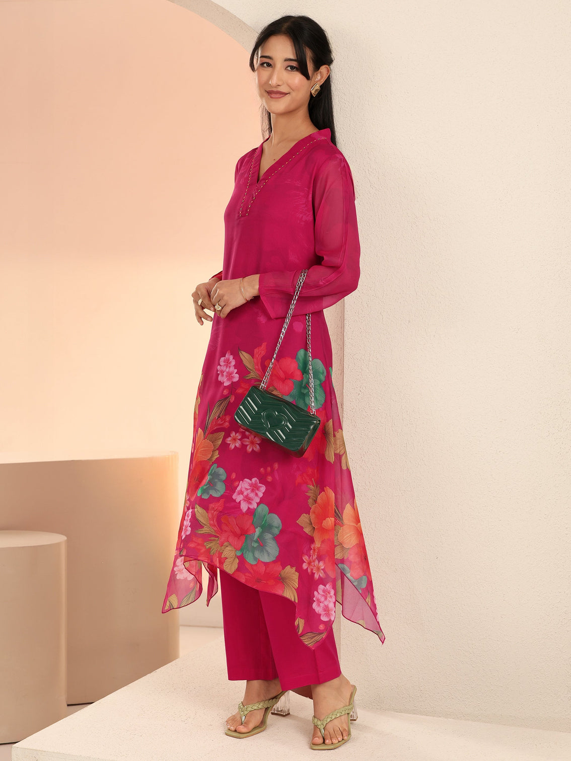 Mameraa Fuchsia Pink Floral Printed Chiffon High Low Kurta Set