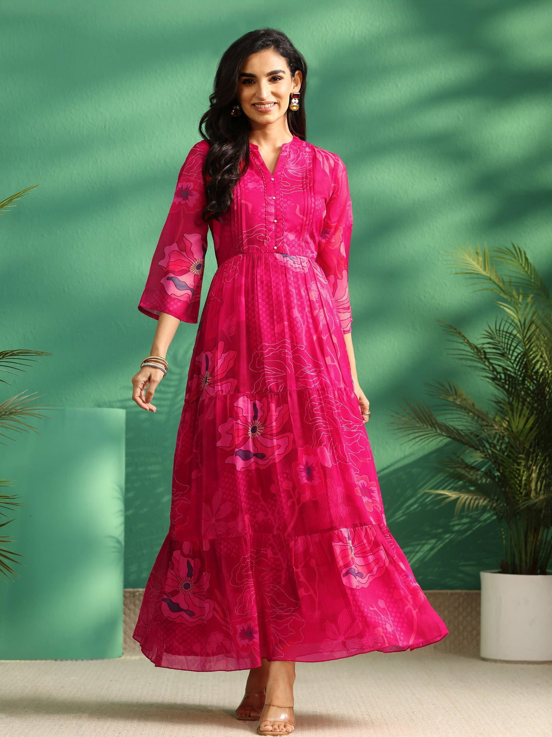 Mameraa Fuchsia Pink Floral Printed Chiffon Tiered Dress