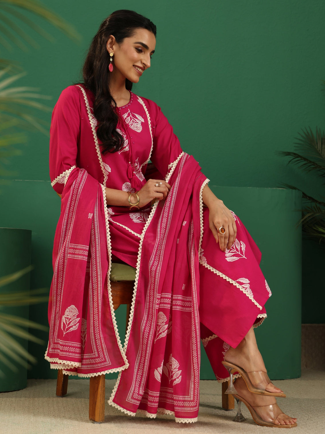 Mameraa Fuchsia Pink Floral Printed Cotton Straight Suit Set