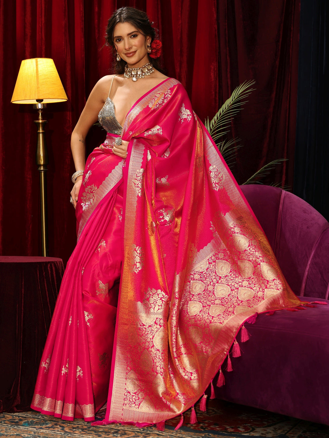 Mameraa Fuchsia Pink Floral Woven Design Satin Saree
