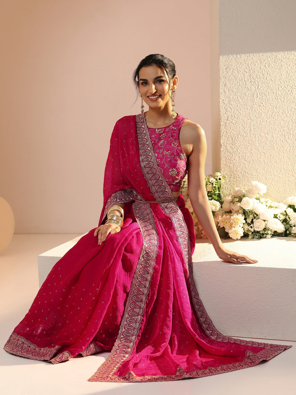 Mameraa Fuchsia Pink Stone Work Striped Embellished Tissue Saree