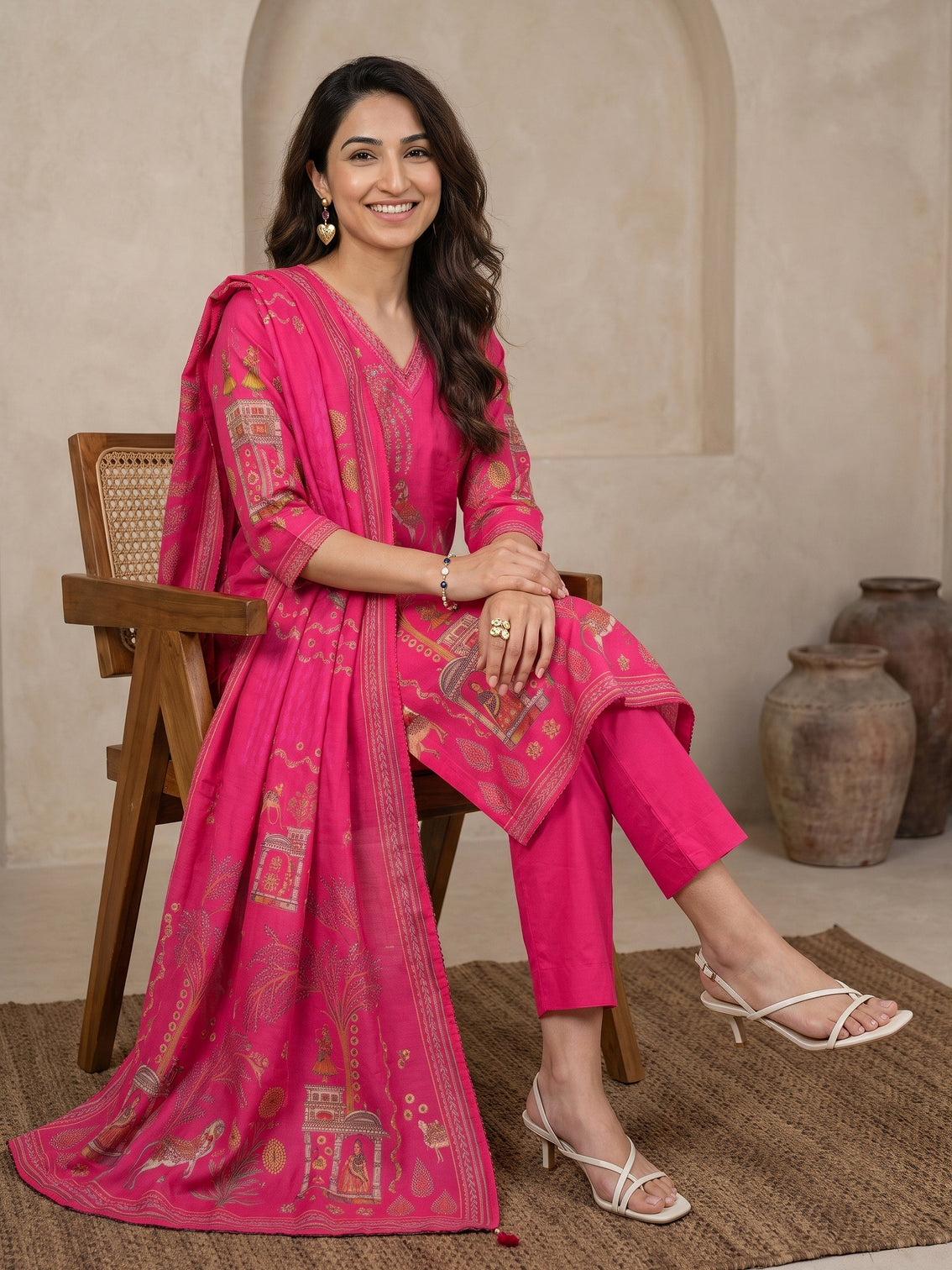 Mameraa Fuchsia Pink Tribal Printed Cotton Straight Suit Set
