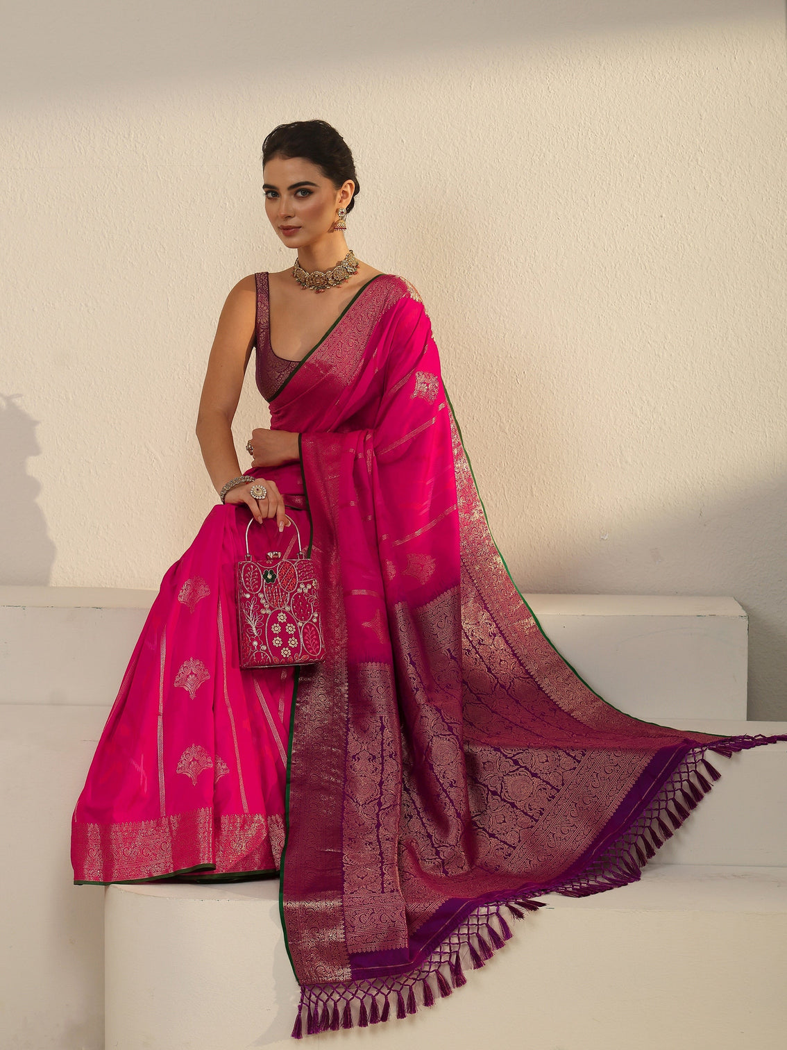 Mameraa Fuchsia Pink Woven Design Silk Blend Tassel Saree