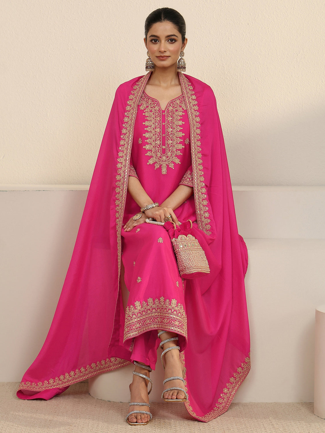 Mameraa Fuchsia Pink Yoke Embroidered Chinon Straight Suit Set