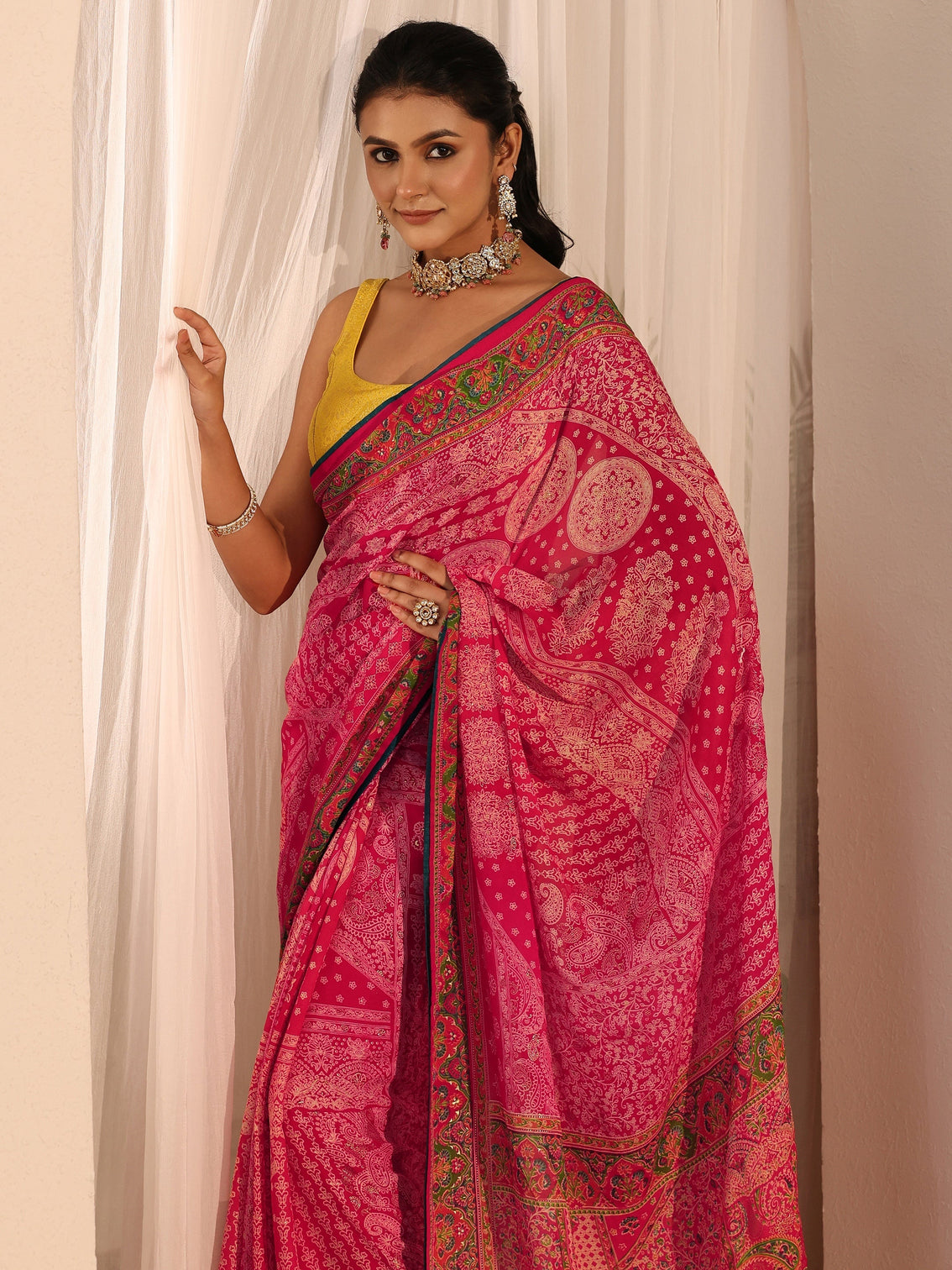 Mameraa Fuschia Pink Printed Georgette Saree