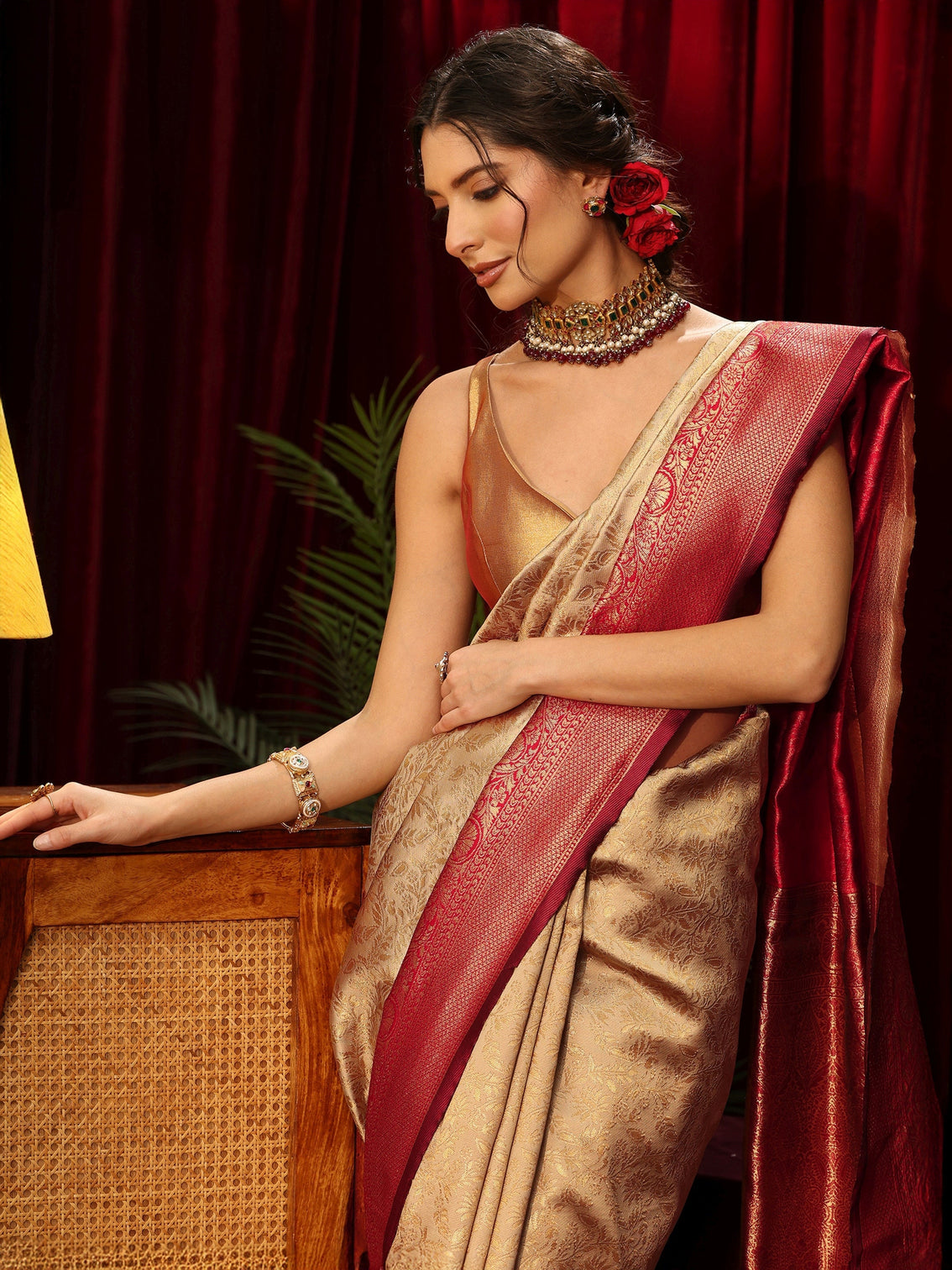 Mameraa Gold Floral Woven Design Silk Blend Saree