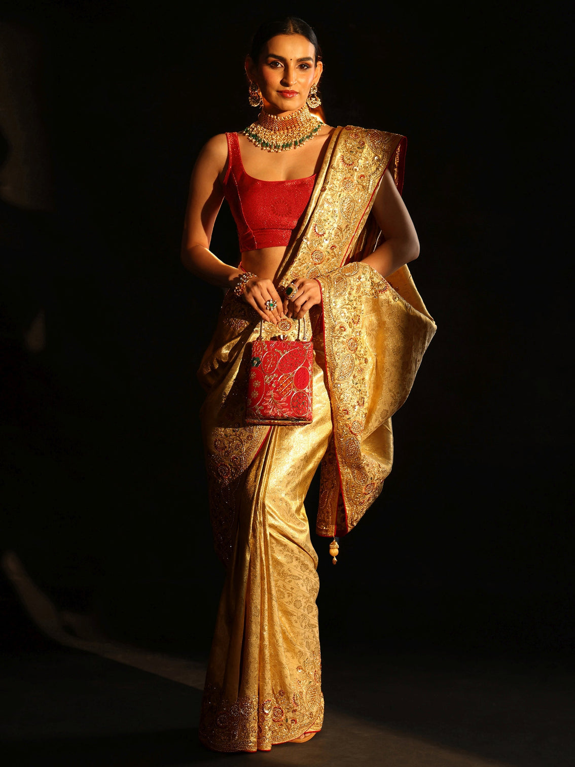 Mameraa Gold Woven Design Satin Saree with Embellished Border