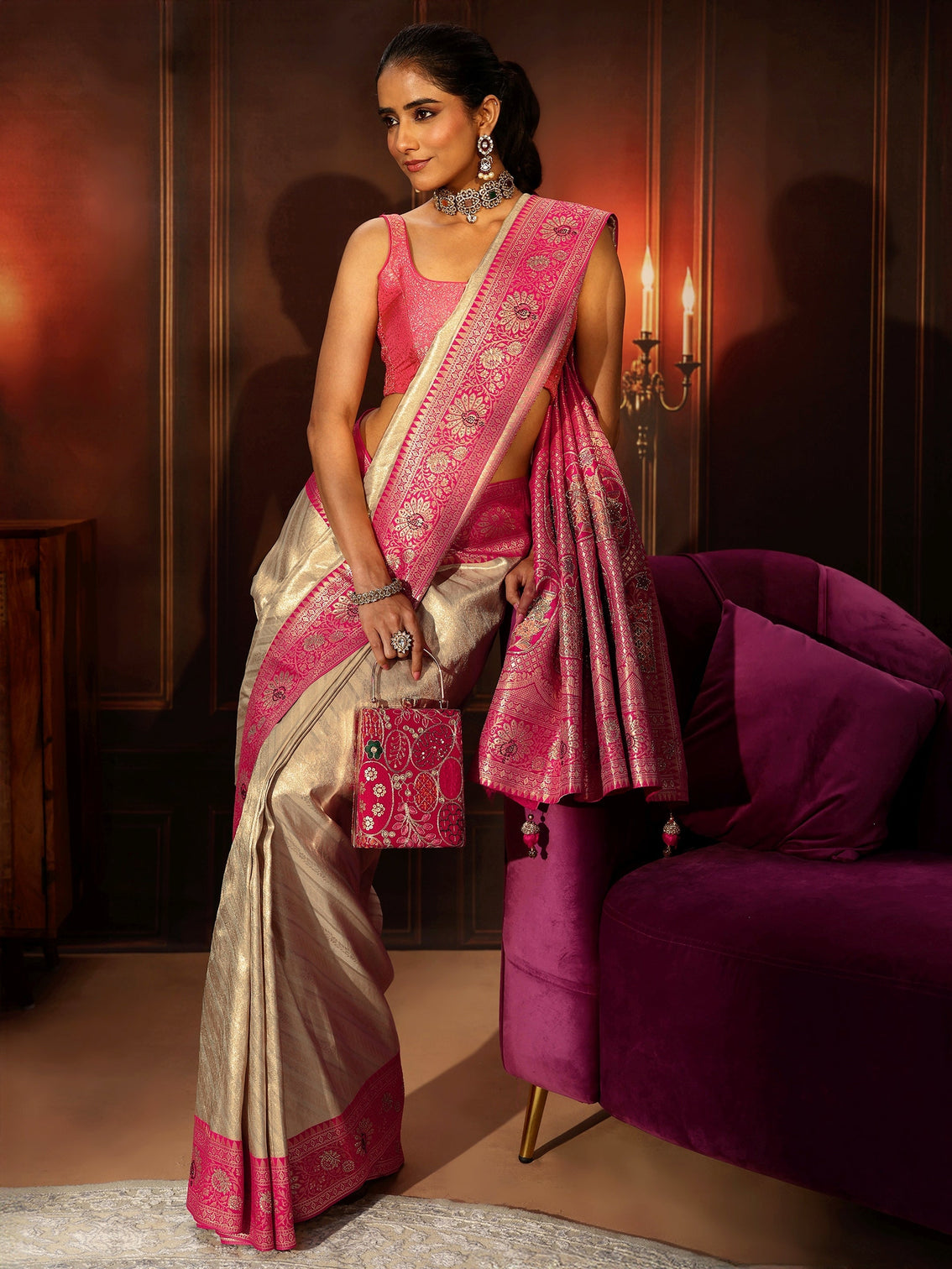 Mameraa Golden Banarasi Silk Blend Saree with Embellished Pallu