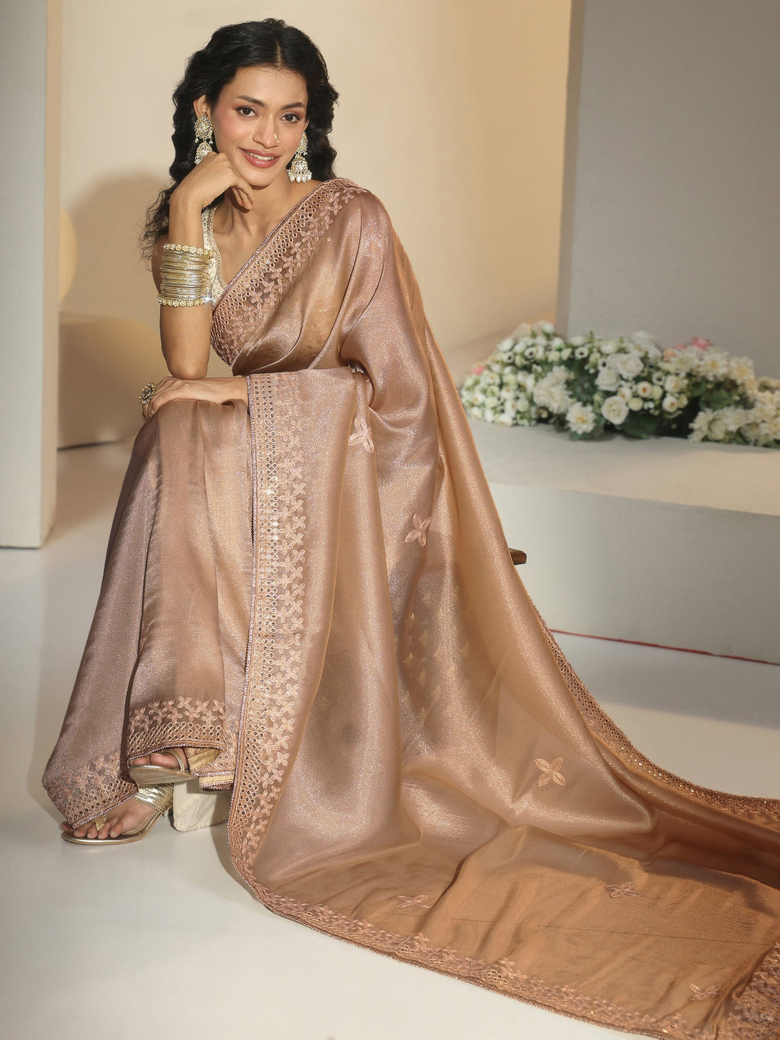 Mameraa Golden Mirror Work Embellished Tissue Saree