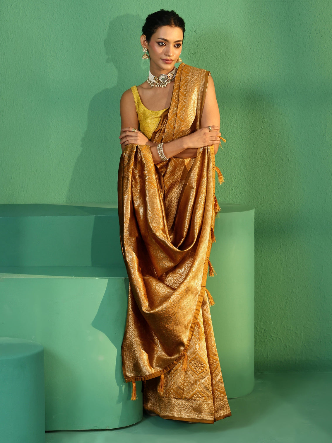 Mameraa Golden Mustard Brocade Saree
