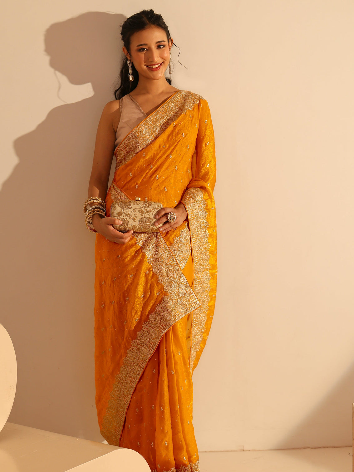 Mameraa Golden Mustard Embellished Tissue Saree