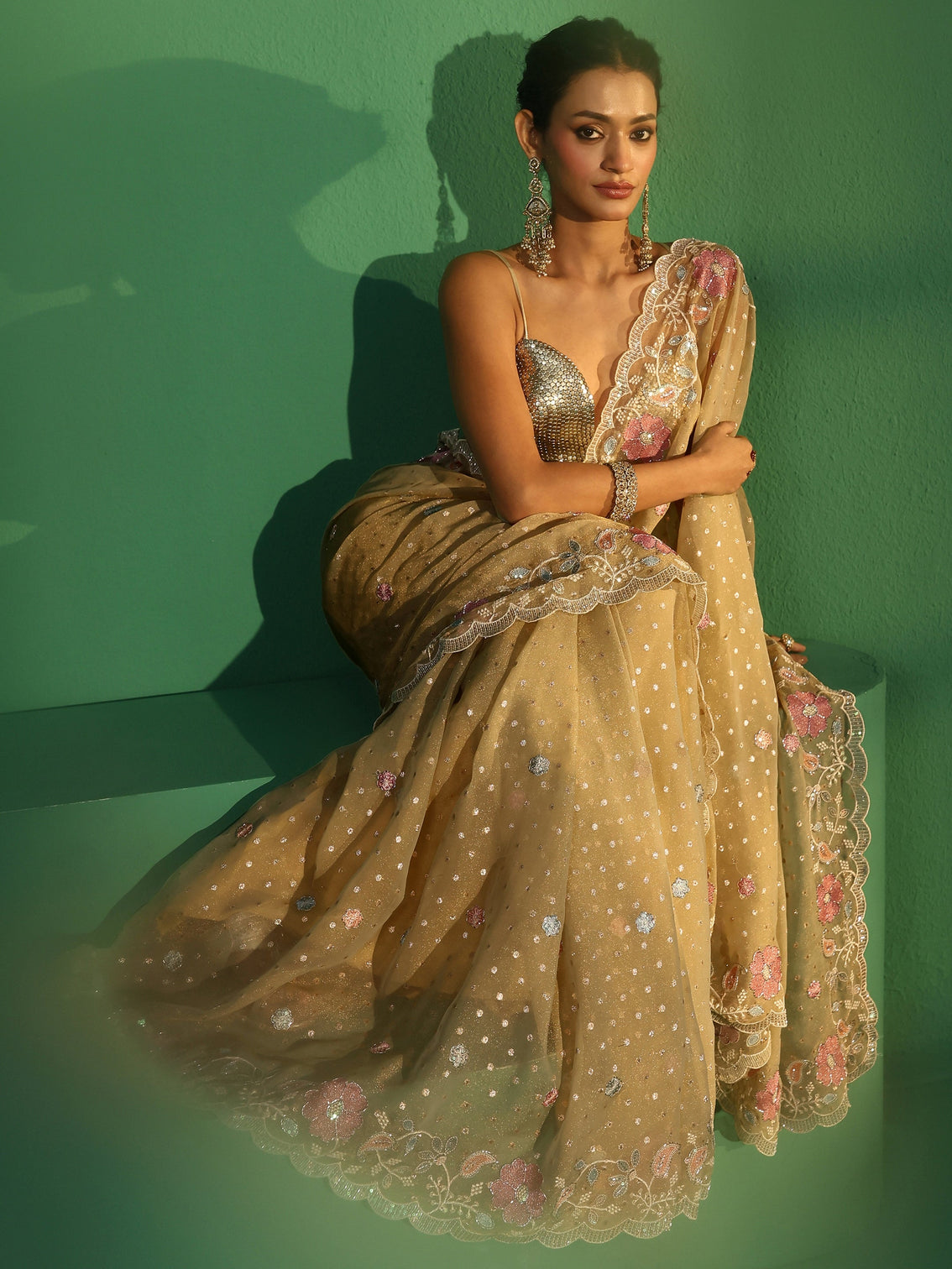 Mameraa Green Embellished Tissue Saree with Floral Embroidered Border