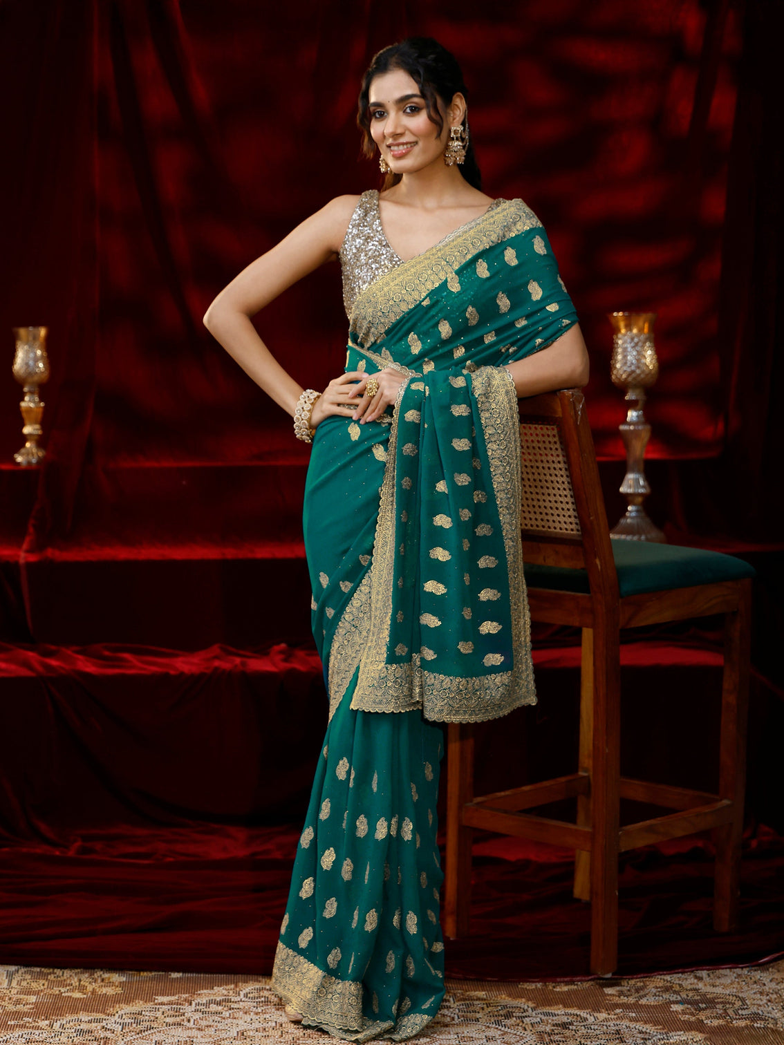 Mameraa Green Embroidered Georgette Saree