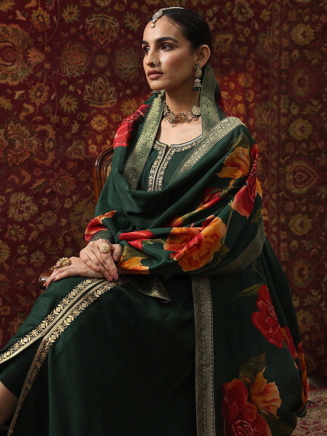 Mameraa Green Embroidered Silk Blend  A-Line Suit Set With Dupatta
