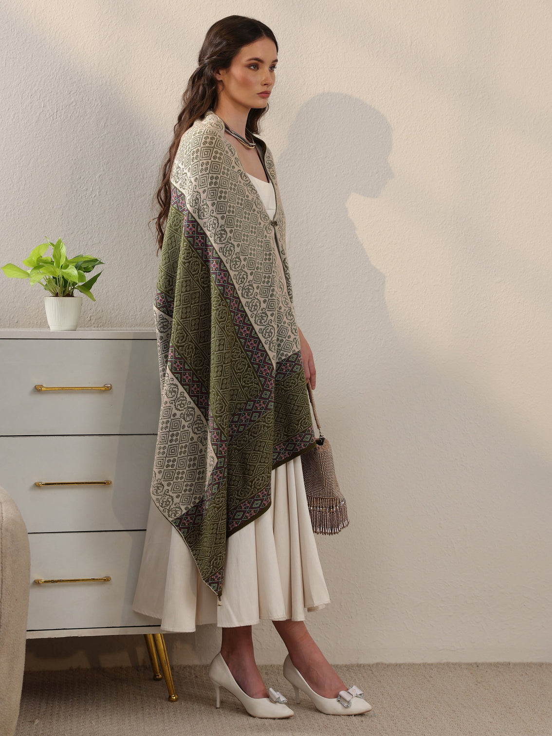 Mameraa Green Ethnic Knitted Acrylic Wrap Shawl