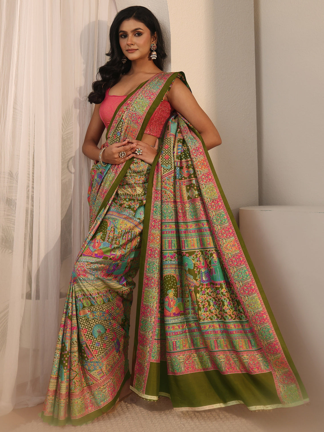 Mameraa Green Ethnic Printed Silk Blend Saree