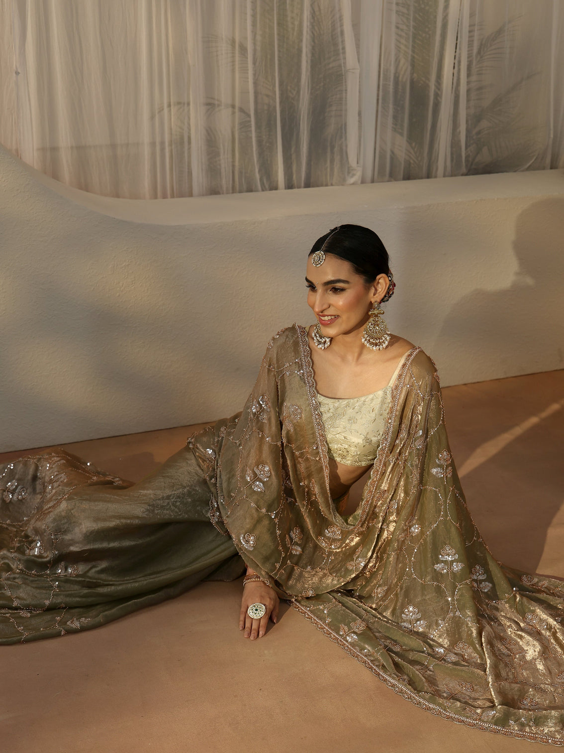 Mameraa Green Floral Embellished Tissue Saree