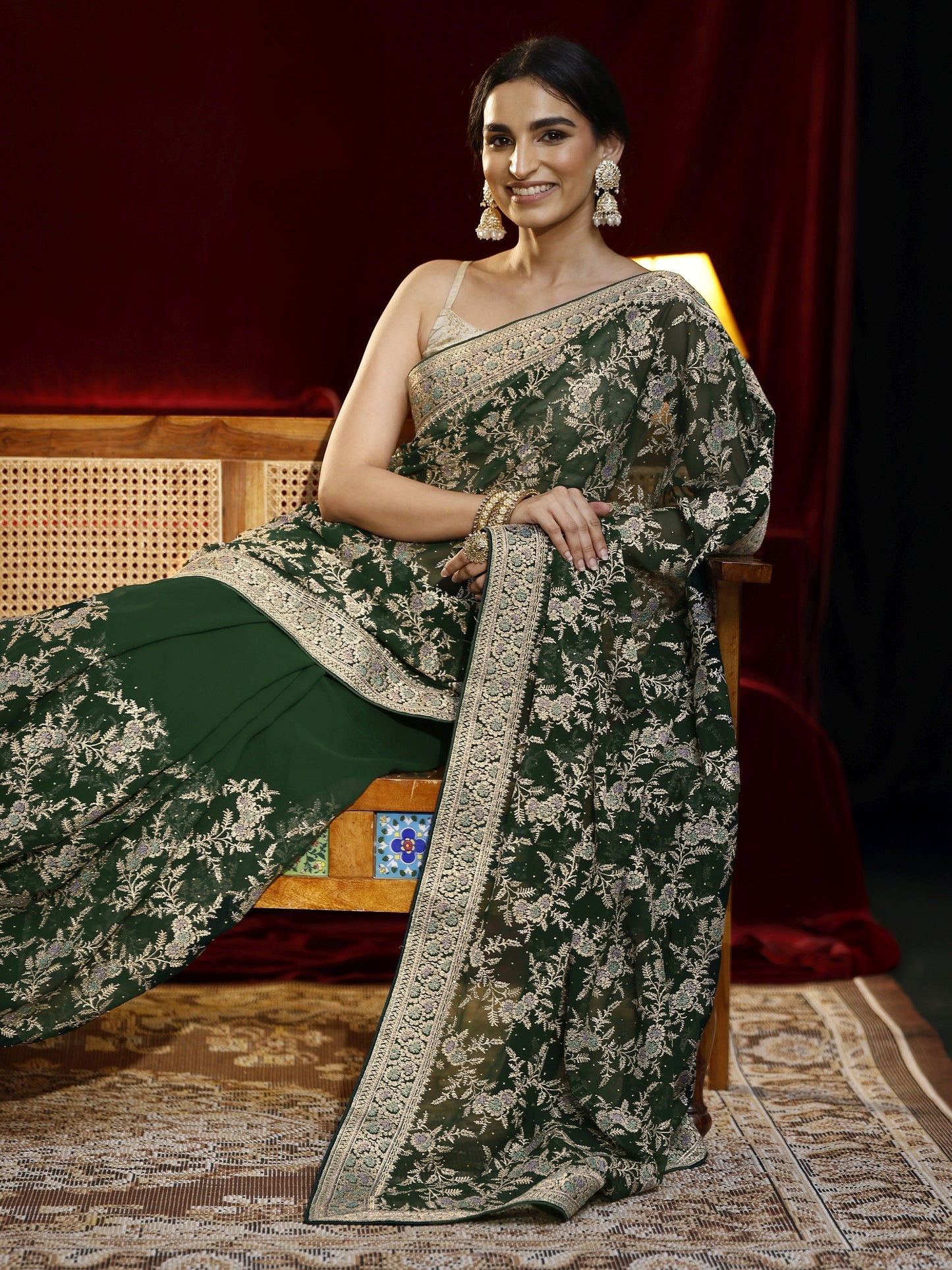 Libas Green Floral Embroidered Georgette Saree