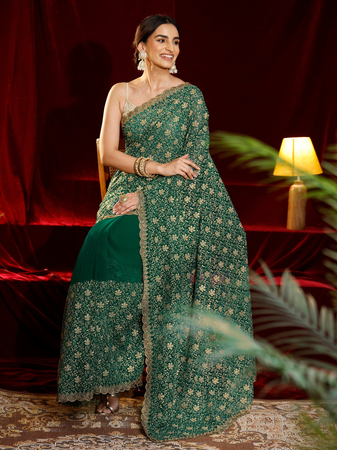 Mameraa Green Floral Embroidered Georgette Saree