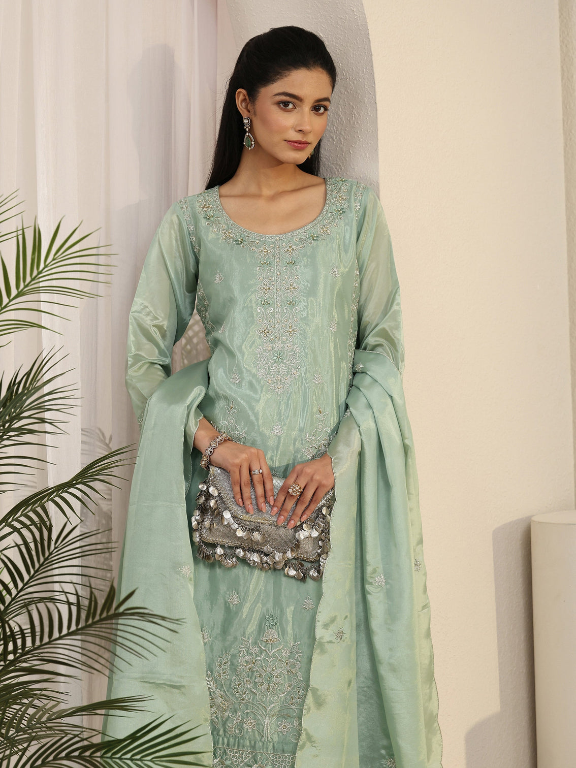 Mameraa Green Floral Embroidered Organza Straight Suit Set