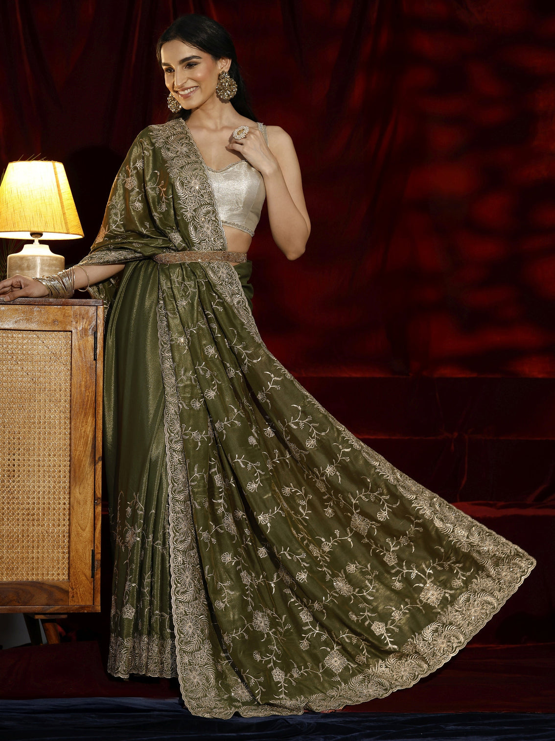 Mameraa Green Floral Embroidered Satin Saree