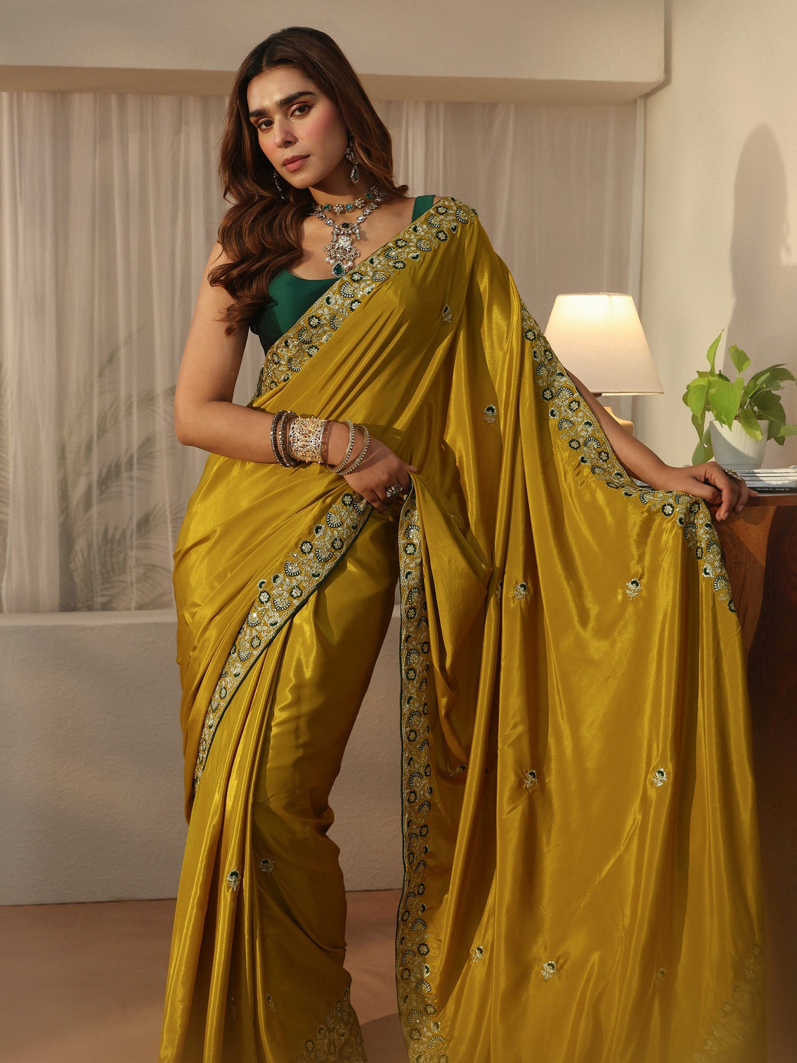 Mameraa Green Floral Embroidered Satin Saree